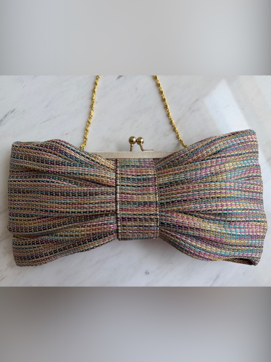 Vintage Handbags - Vintage Bow Multicolor Clutch Handbag with Gold Chain- Whimsical , Flare